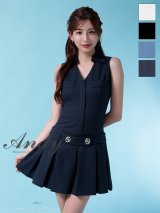 XSサイズあり【ANDY/アンディ】襟付き/ Vネック/ ノースリーブ/ ボタン/ ボックスプリーツ/ Aライン/ フレア/ ミニドレス/ キャバドレス[OF05]