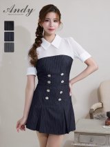 XSサイズあり【ANDY/アンディ】ストライプ/ ハーフスリーブ/ シフォン/ ビジューボタン/ ボックスプリーツ/ Aライン/ セットアップ/ ミニドレス/ キャバドレス[OF05]