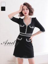 【ANDY/アンディ】モノトーン/ 七分袖/ 袖あり/ パイピング/ ポケットデザイン/ ボタン/ Aライン/ ミニドレス/ キャバドレス[OF05]