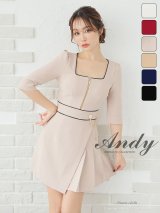 XSサイズあり【ANDY/アンディ】スクエアネック/ ハーフスリーブ/ ゴールドチャーム/ プリーツ/ アシメデザイン/ バストジップ/ ウエストマーク/ 袖あり/ フレア/ ミニドレス/ キャバドレス[OF05]