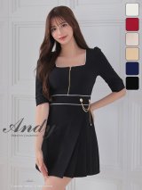 XSサイズあり【ANDY/アンディ】スクエアネック/ ハーフスリーブ/ ゴールドチャーム/ プリーツ/ アシメデザイン/ バストジップ/ ウエストマーク/ 袖あり/ フレア/ ミニドレス/ キャバドレス[OF05]