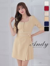 XSサイズあり【ANDY/アンディ】スクエアネック/ ハーフスリーブ/ ゴールドチャーム/ プリーツ/ アシメデザイン/ バストジップ/ ウエストマーク/ 袖あり/ フレア/ ミニドレス/ キャバドレス[OF05]
