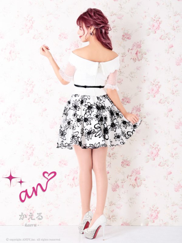 画像4: 【an/アン】オフショル/ 袖あり/ フラワー刺繍/ フレア/ セットアップ/ ミニドレス/ キャバドレス[OF05]