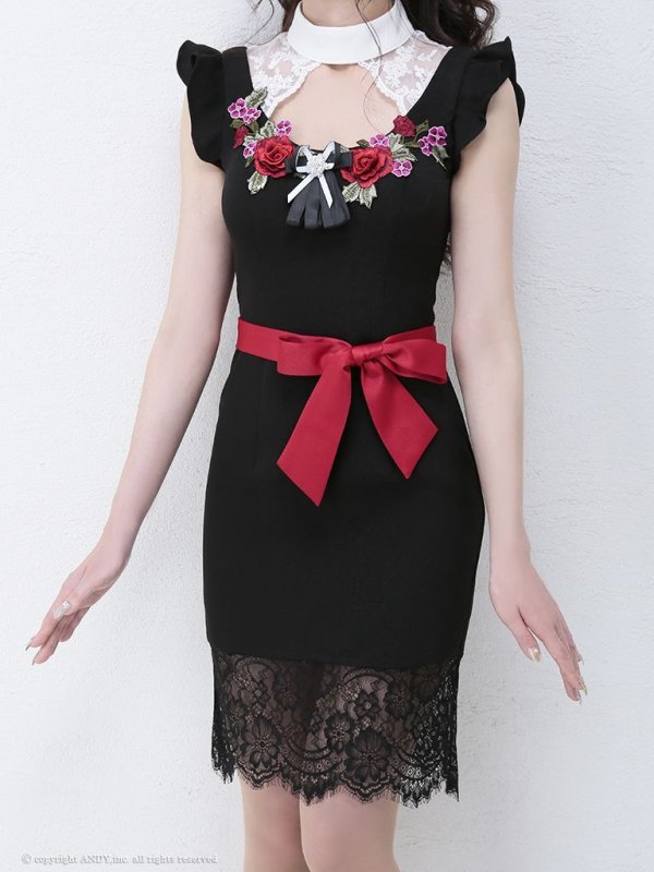 画像5: 【an /アン】ノースリーブ/ ショルダーフリル/ ウエストリボン/ フラワー刺繍レース/ ネックデザイン/ タイト/ ミニドレス/ キャバドレス[OF05]