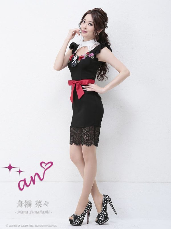 画像3: 【an /アン】ノースリーブ/ ショルダーフリル/ ウエストリボン/ フラワー刺繍レース/ ネックデザイン/ タイト/ ミニドレス/ キャバドレス[OF05]