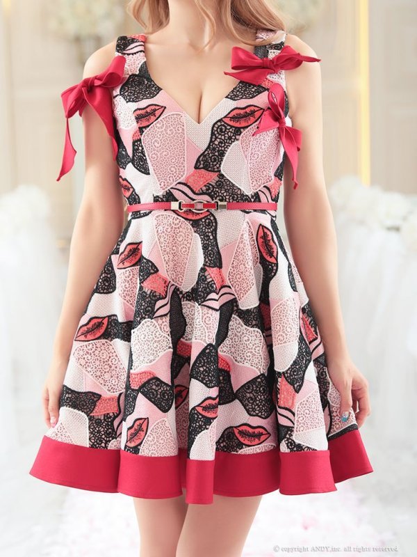 画像5: 【couture an】リボンデザイン/ リップモチーフ/ ベルト付き/ フレア/ミニドレス /キャバドレス[FB03]