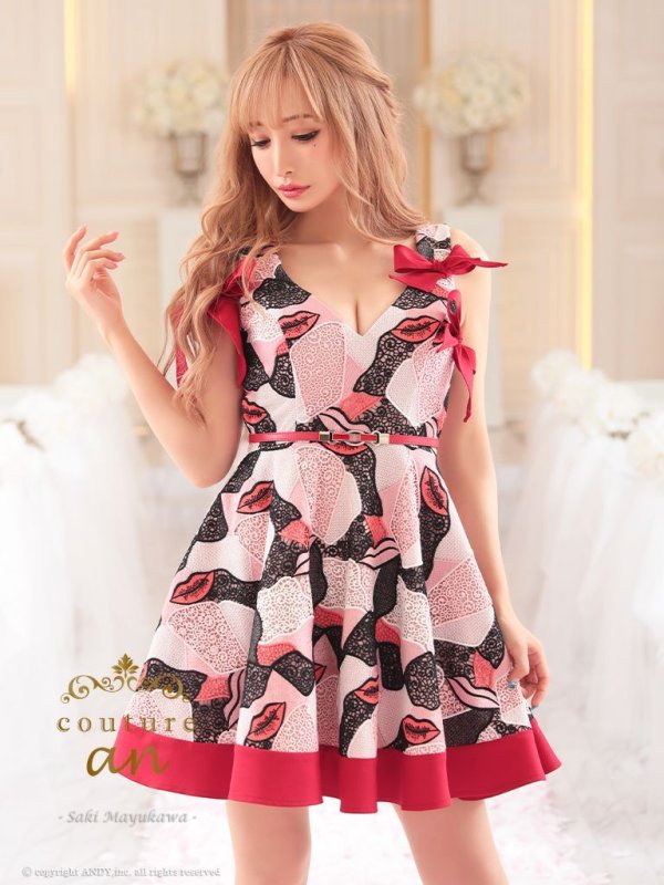 【couture an】リボンデザイン/ リップモチーフ/ ベルト付き/ フレア/ミニドレス /キャバドレス　ピンク
