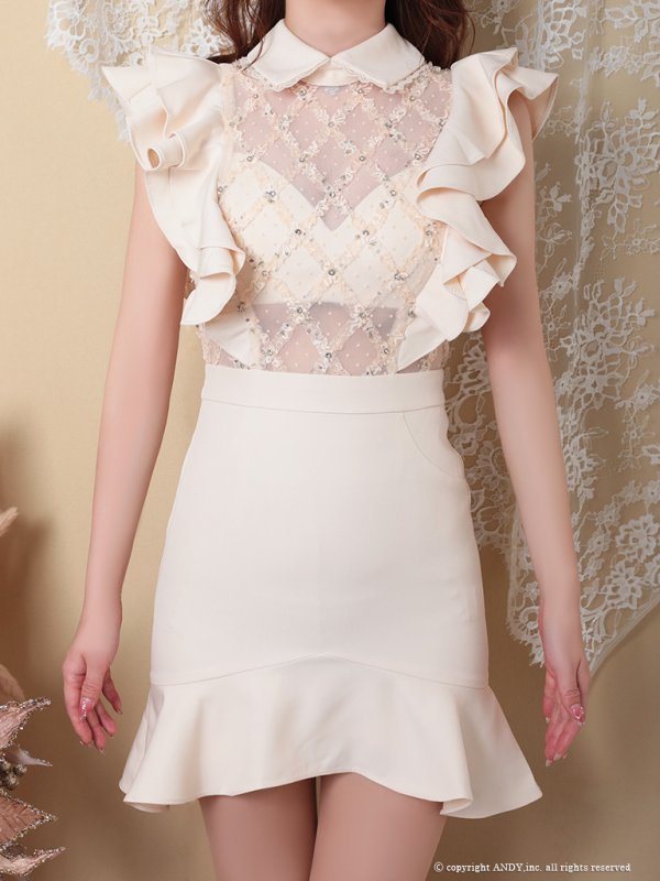 画像5: 【an/アン】マーメイド/ 襟付き/ フリルデザイン/ シアー/ クロスレース/ タイト/ ミニドレス/ キャバドレス[OF05]