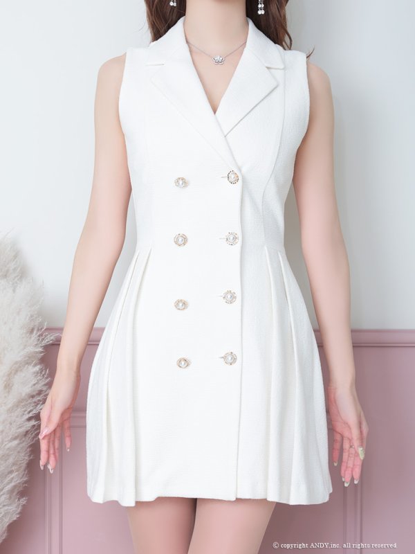 画像21: 【an/アン】襟付き/ ストレッチ/ パールボタン/ ジャケット風/ ノースリーブ/ プリーツ/ フレア/ ワンピース/ ミニドレス/ キャバドレス[OF05]