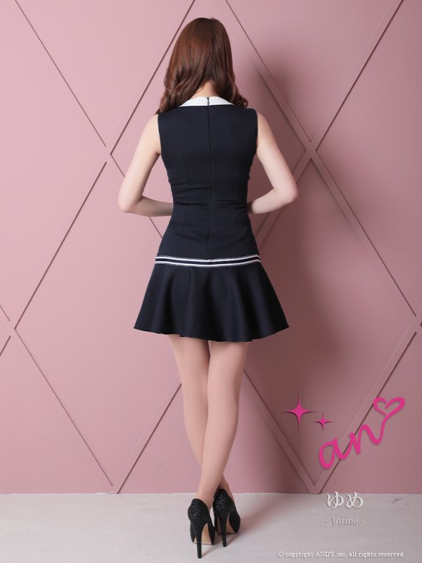 画像4: 【an/アン】スクエアネック/ バイカラー/ ボタン/ 裾フリル/ フレア/ ミニドレス/ キャバドレス[OF05]