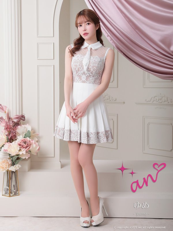 画像3: 【an /アン】襟付き/ ドットチュール/ レース切替/ ノースリーブ/ プリーツ/ フレア/ ミニドレス/ キャバドレス[OF05]