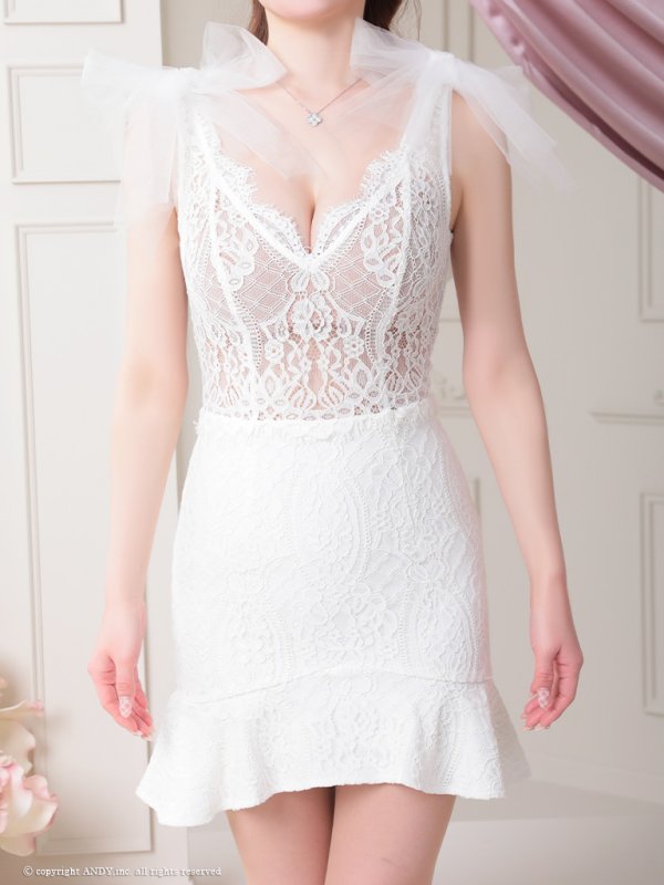 画像17: 【an /アン】マーメイド/ 総レース/ ケミカルレース/ ワンカラー/ チュール/ ショルダーリボン/ フリル/ ランジェリーライク/ ミニドレス/ キャバドレス[OF05]