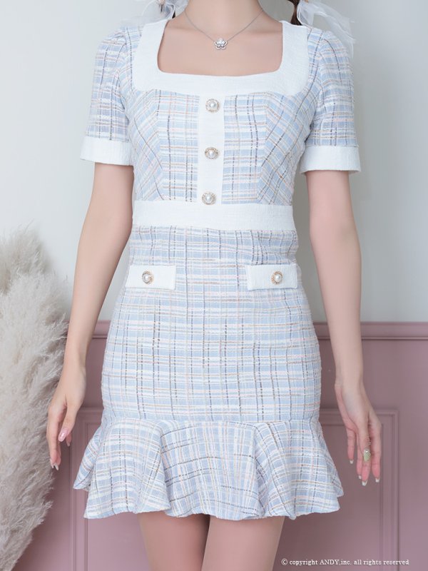 画像5: XSサイズあり【an ANDY Fashion Press 13 COLLECTION 03】チェック柄/ ツイード/ フロントボタン/ 半袖/ 袖あり/ タイト/ 裾フリル/ ミニドレス/ キャバドレス[OF05]