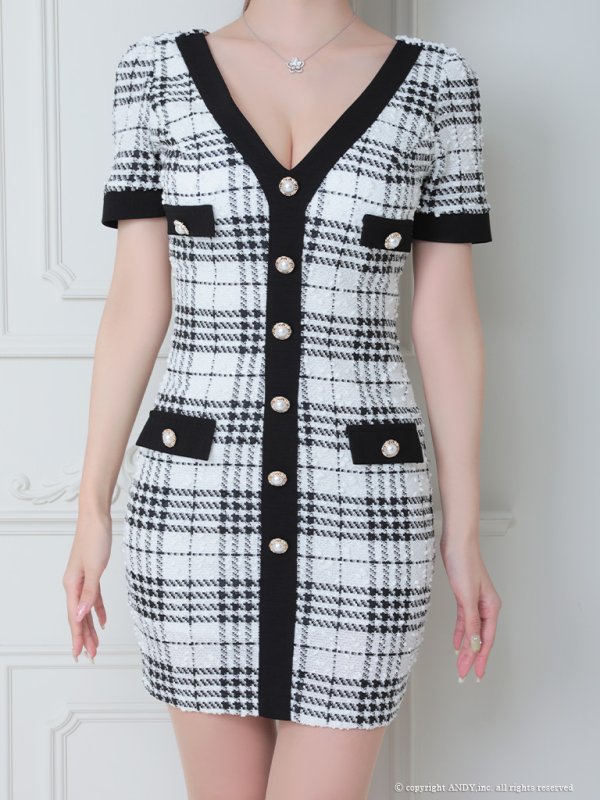 画像14: 【an /アン】チェック柄/ ストレッチ/ モールツイード/ 半袖/ 袖あり/ ボタン/ タイト/ ミニドレス/ キャバドレス[OF05]