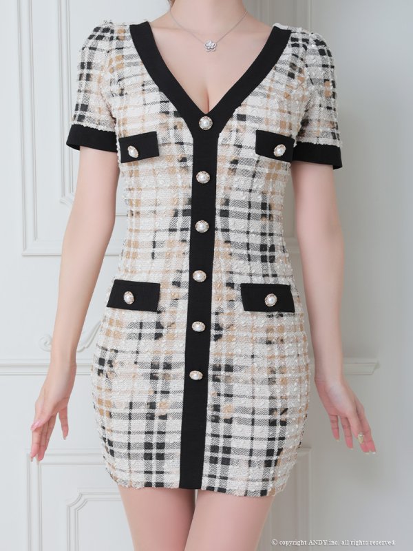 画像21: 【an /アン】チェック柄/ ストレッチ/ モールツイード/ 半袖/ 袖あり/ ボタン/ タイト/ ミニドレス/ キャバドレス[OF05]