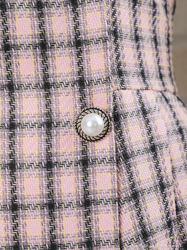 画像6: 【an/アン】襟付き/ チェック/ ジャケット風/ ノースリーブ/ パールボタン/ プリーツ/ フレア/ ワンピース/ ミニドレス/ キャバドレス[OF05]