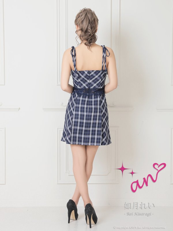 画像4: 【an /アン】チェック柄/ ショルダーリボン/ 肩リボン/ ウエストレース/ フロントボタン/ Aライン/ フレア/ ミニドレス/ キャバドレス/ [OF05]