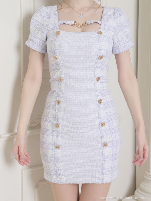 画像13: 【an/アン】ツイード/ チェック/ パフスリーブ/ 半袖/ 袖あり/ ゴールドバックル/ チェーンモチーフ/ ボタン/ タイト/ ミニドレス/ キャバドレス[OF05]