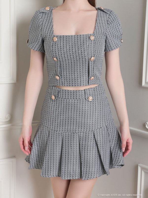 画像5: 【an /アン】ツイード/ ボタン/ ショートスリーブ/ 袖あり/ セットアップ/ Aライン/ 裾プリーツ/ ミニドレス/ キャバドレス[OF05]