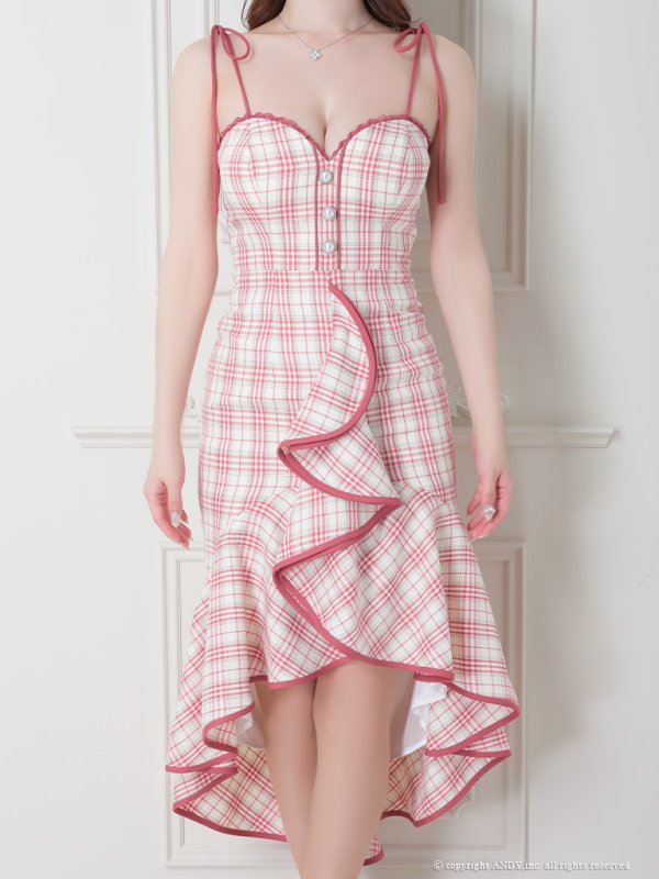 画像13: XSサイズあり【an /アン】チェック柄/ マーメイド/ フリル/ リボンショルダー/ テールカット/ ミディアム丈/ キャバドレス[OF05]