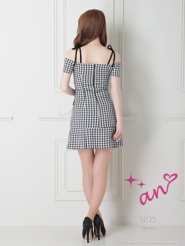 画像27: 【みゆう/関西コレクション着用】【an/アン】ギンガムチェック柄/ オフショルダー/ ショルダーリボン/ パールボタン/ プリーツ/ フレア/ ミニドレス/ キャバドレス[OF05]