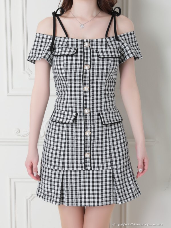 画像28: 【みゆう/関西コレクション着用】【an/アン】ギンガムチェック柄/ オフショルダー/ ショルダーリボン/ パールボタン/ プリーツ/ フレア/ ミニドレス/ キャバドレス[OF05]