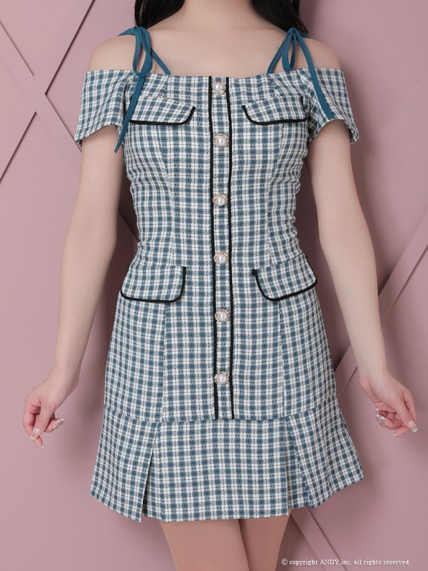 画像38: 【みゆう/関西コレクション着用】【an/アン】ギンガムチェック柄/ オフショルダー/ ショルダーリボン/ パールボタン/ プリーツ/ フレア/ ミニドレス/ キャバドレス[OF05]