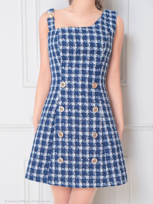 画像44: 【an/アン】チェック/ ツイード/ ボタンデザイン/ ノースリーブ/ アシンメトリー/ 台形スカート/ ミニドレス/ キャバドレス[OF05]