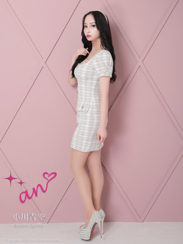 画像4: XSサイズあり【an/アン】ストレッチ/ チェック/ ツイード/ フロントボタン/ 半袖/ 袖あり/ タイト/ ミニドレス/ キャバドレス[OF05]