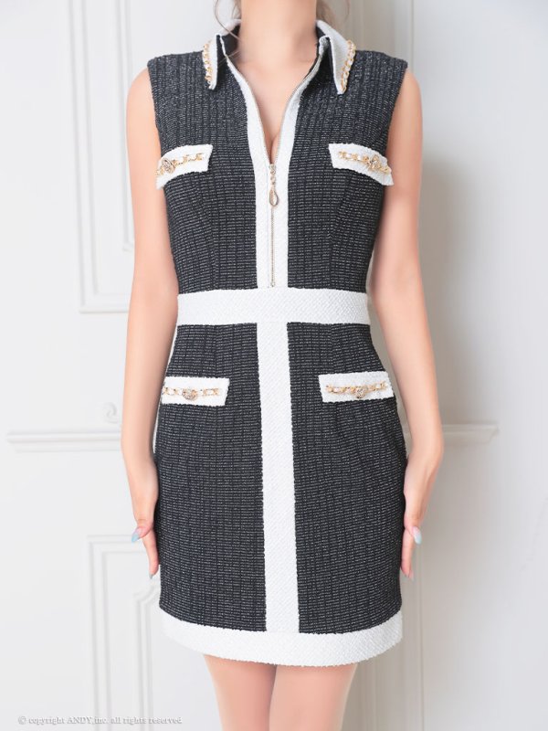 画像12: 【an/アン】ストレッチツイード/ フロントジップ/ 襟付き/ ノースリーブ/ チェーン/ バイカラー/ タイト/ ミニドレス/ キャバドレス[OF05]