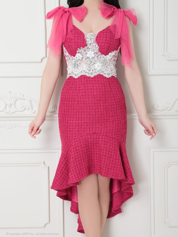 画像16: 【an /アン】マーメイド/ チュール/ ショルダーリボン/ ビジュー/ ツイード/ ランジェリーライク/ ミディアムドレス / キャバドレス[FB03]