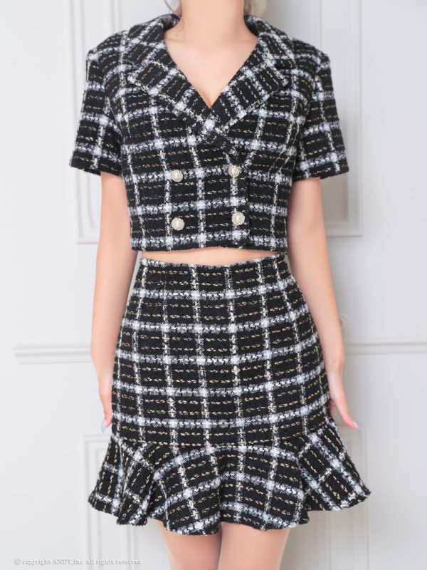 画像14: 【an /アン】チェック柄/ ツイード/ セットアップ/ ボタン/ 半袖/ 袖あり/ 裾フリル/ マーメイド/ ミニドレス/ キャバドレス[OF05]