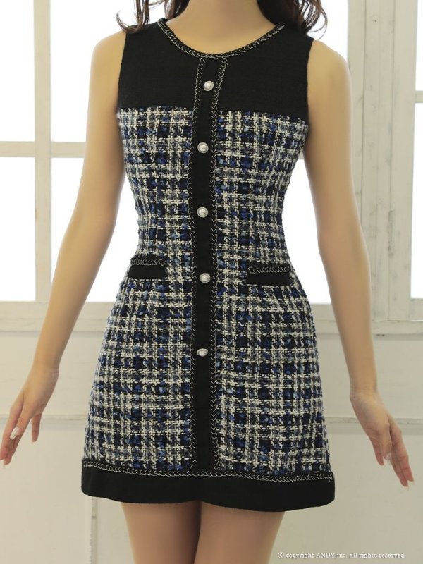 画像5: 【an/アン】ツイード/ 切替/ チェック/パールボタン/ 縁取りデザイン/ ノースリーブ/ フレア/ ワンピース/ ミニドレス/ キャバドレス[OF05]
