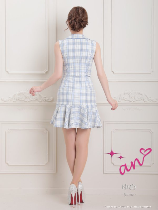 画像11: XSサイズあり【an/アン】マーメイド/ チェック/ 襟付き/ ジャケット風/ ノースリーブ/ ボタン/ アシンメトリーフリル/ ミニドレス/ キャバドレス[OF05]