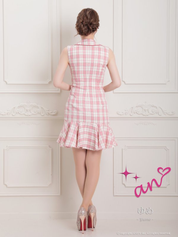 画像25: XSサイズあり【an/アン】マーメイド/ チェック/ 襟付き/ ジャケット風/ ノースリーブ/ ボタン/ アシンメトリーフリル/ ミニドレス/ キャバドレス[OF05]