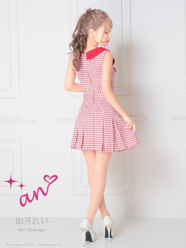 画像11: XSサイズあり 【an /アン】千鳥柄/ チェック/ 襟付き/ ボタン/ ノースリーブ/ プリーツ/ フレア/ ミニドレス/ キャバドレス[OF05]