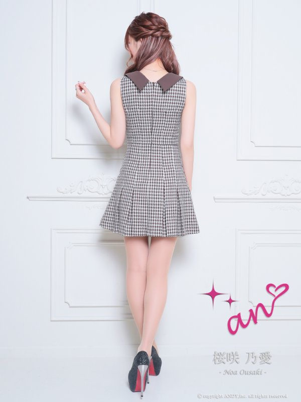 画像4: XSサイズあり 【an /アン】千鳥柄/ チェック/ 襟付き/ ボタン/ ノースリーブ/ プリーツ/ フレア/ ミニドレス/ キャバドレス[OF05]