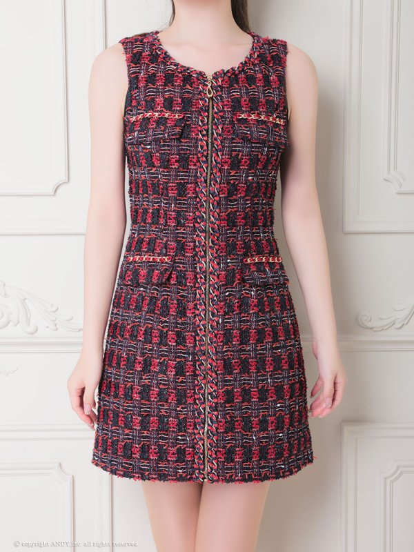 画像15: XSサイズあり【an/アン】チェック柄/ ツイード/ フロントジップ/ チェーン/ ポケットデザイン/ Aライン/ ミニドレス/ キャバドレス[OF05]
