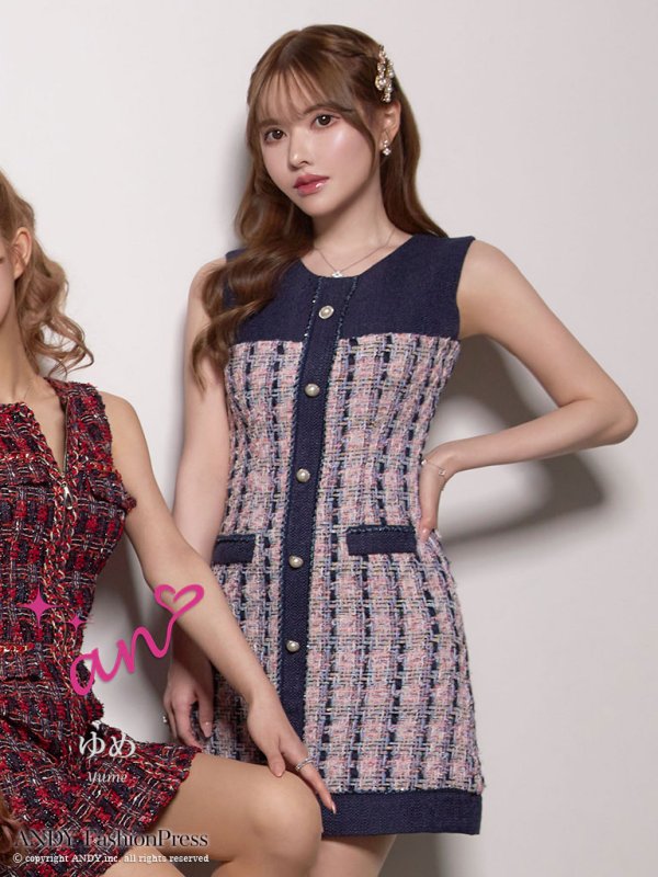 画像10: XSサイズあり【an/アン】チェック/ ツイード/ 切替デザイン/ パールボタン/ ノースリーブ/ フレア/ Aライン/ ワンピース/ ミニドレス/ キャバドレス[OF05]