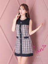 XSサイズあり【an/アン】チェック/ ツイード/ 切替デザイン/ パールボタン/ ノースリーブ/ フレア/ Aライン/ ワンピース/ ミニドレス/ キャバドレス[OF05]