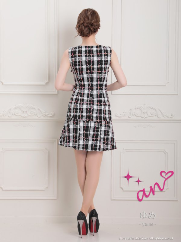 画像4: XSサイズあり【an/アン】ツイードチェック/ ノースリーブ/ ポケット風/ チェーン/ ボックスプリーツ/ フレア/ ミニドレス/ キャバドレス[OF05]