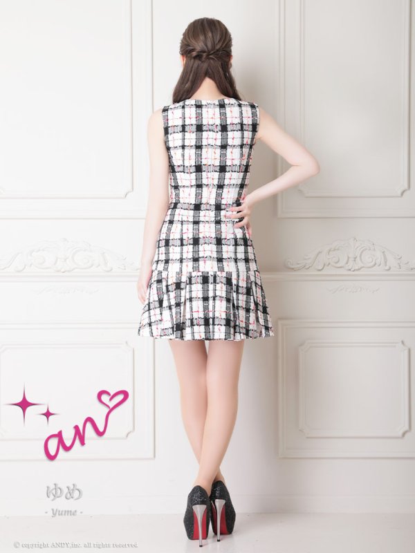 画像12: XSサイズあり【an/アン】ツイードチェック/ ノースリーブ/ ポケット風/ チェーン/ ボックスプリーツ/ フレア/ ミニドレス/ キャバドレス[OF05]