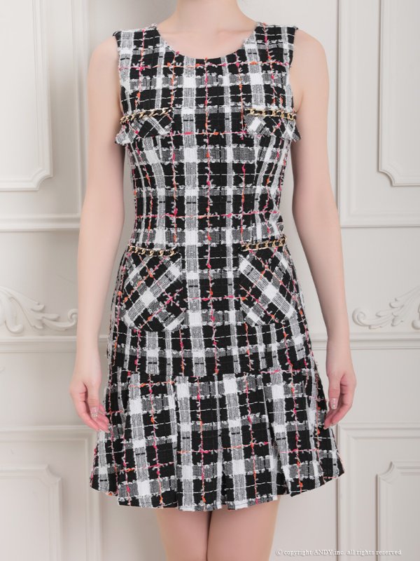 画像5: XSサイズあり【an/アン】ツイードチェック/ ノースリーブ/ ポケット風/ チェーン/ ボックスプリーツ/ フレア/ ミニドレス/ キャバドレス[OF05]