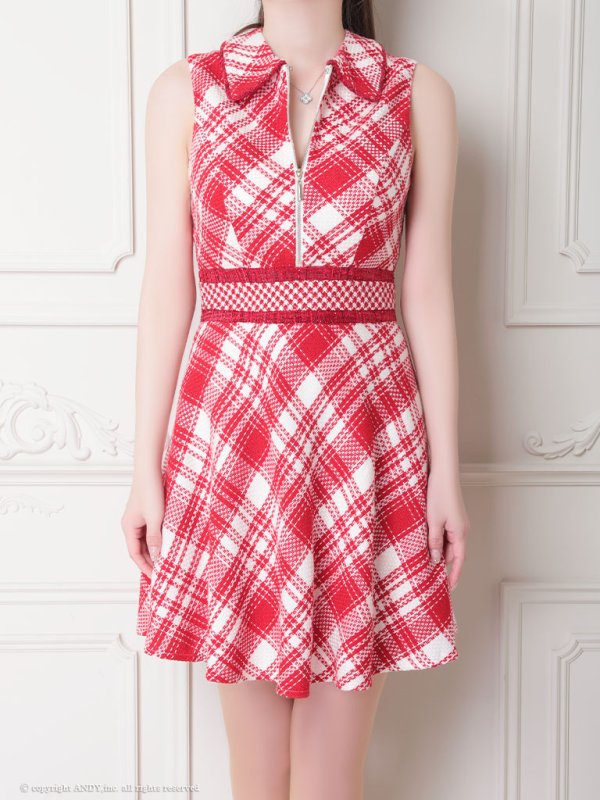 画像14: XSサイズあり 【an /アン】フロントジップ/ チェック/ ツイード/ 襟付き/ ノースリーブ/  フレア/ ミニドレス/ キャバドレス[OF05]