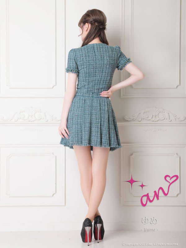画像18: XSサイズあり【an /アン】セットアップ/ フロントジッパー/ ツイード/ 半袖/ ボタン/ 裾フリンジ/ ミニドレス/ キャバドレス[OF05]