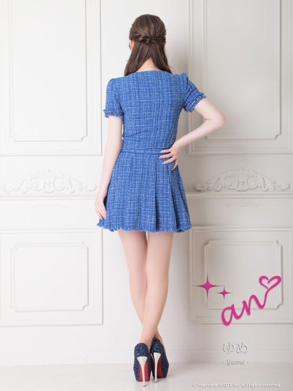 画像11: XSサイズあり【an /アン】セットアップ/ フロントジッパー/ ツイード/ 半袖/ ボタン/ 裾フリンジ/ ミニドレス/ キャバドレス[OF05]