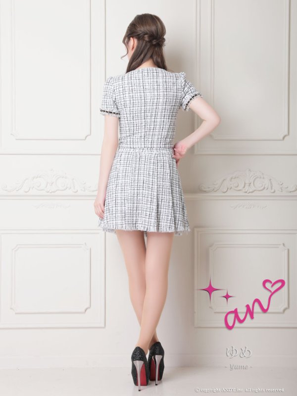 画像4: XSサイズあり【an /アン】セットアップ/ フロントジッパー/ ツイード/ 半袖/ ボタン/ 裾フリンジ/ ミニドレス/ キャバドレス[OF05]