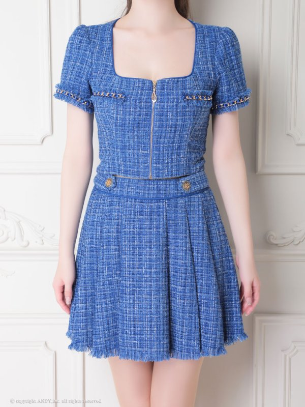 画像12: XSサイズあり【an /アン】セットアップ/ フロントジッパー/ ツイード/ 半袖/ ボタン/ 裾フリンジ/ ミニドレス/ キャバドレス[OF05]