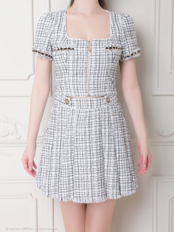 画像5: XSサイズあり【an /アン】セットアップ/ フロントジッパー/ ツイード/ 半袖/ ボタン/ 裾フリンジ/ ミニドレス/ キャバドレス[OF05]