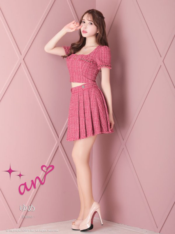 画像24: XSサイズあり【an /アン】セットアップ/ フロントジッパー/ ツイード/ 半袖/ ボタン/ 裾フリンジ/ ミニドレス/ キャバドレス[OF05]